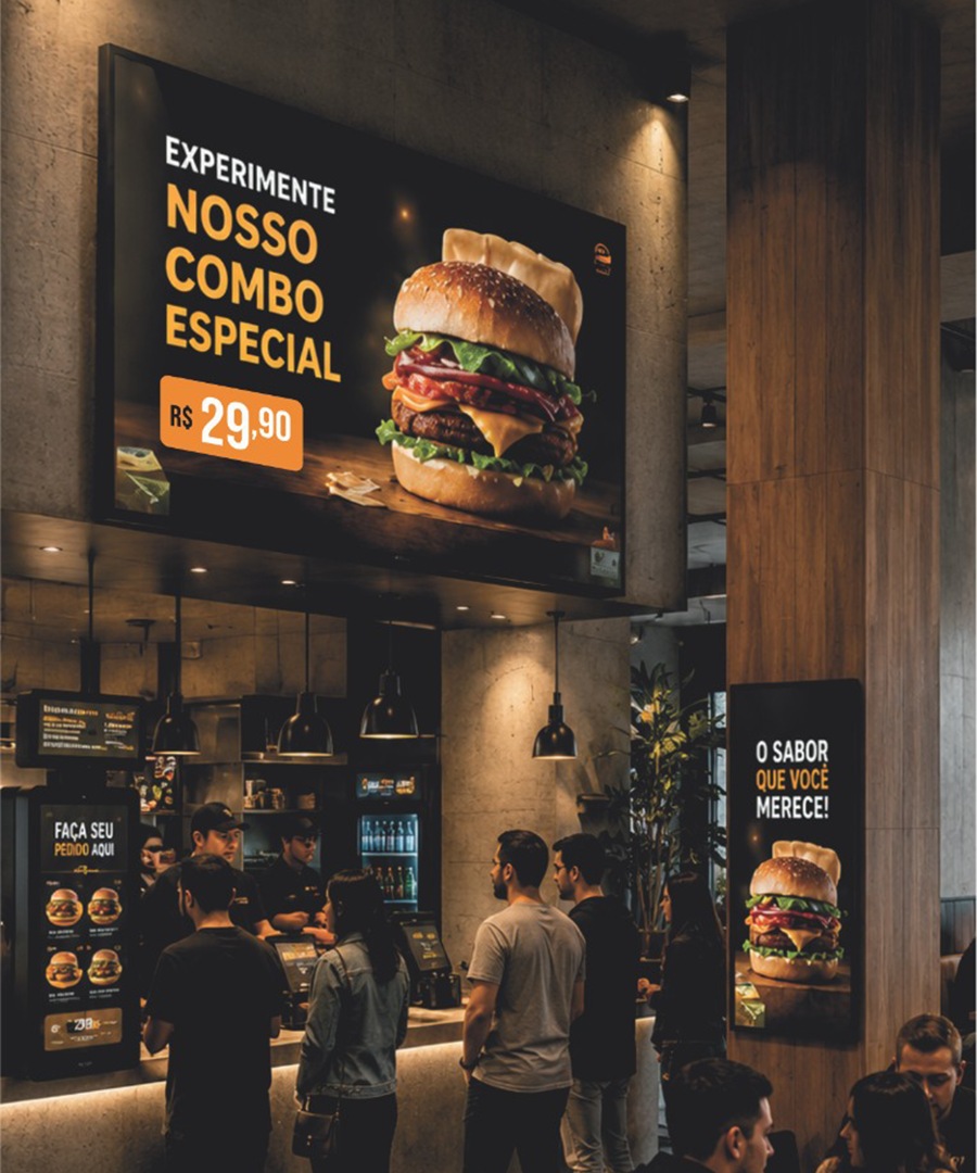 Mídia indoor em restaurante moderno com TV exibindo cardápio digital premium